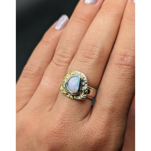 Artisan Signed LOW Fiery Natural Opal Sterling Silver Gold Ring Size 7 - Picture 4 of 12